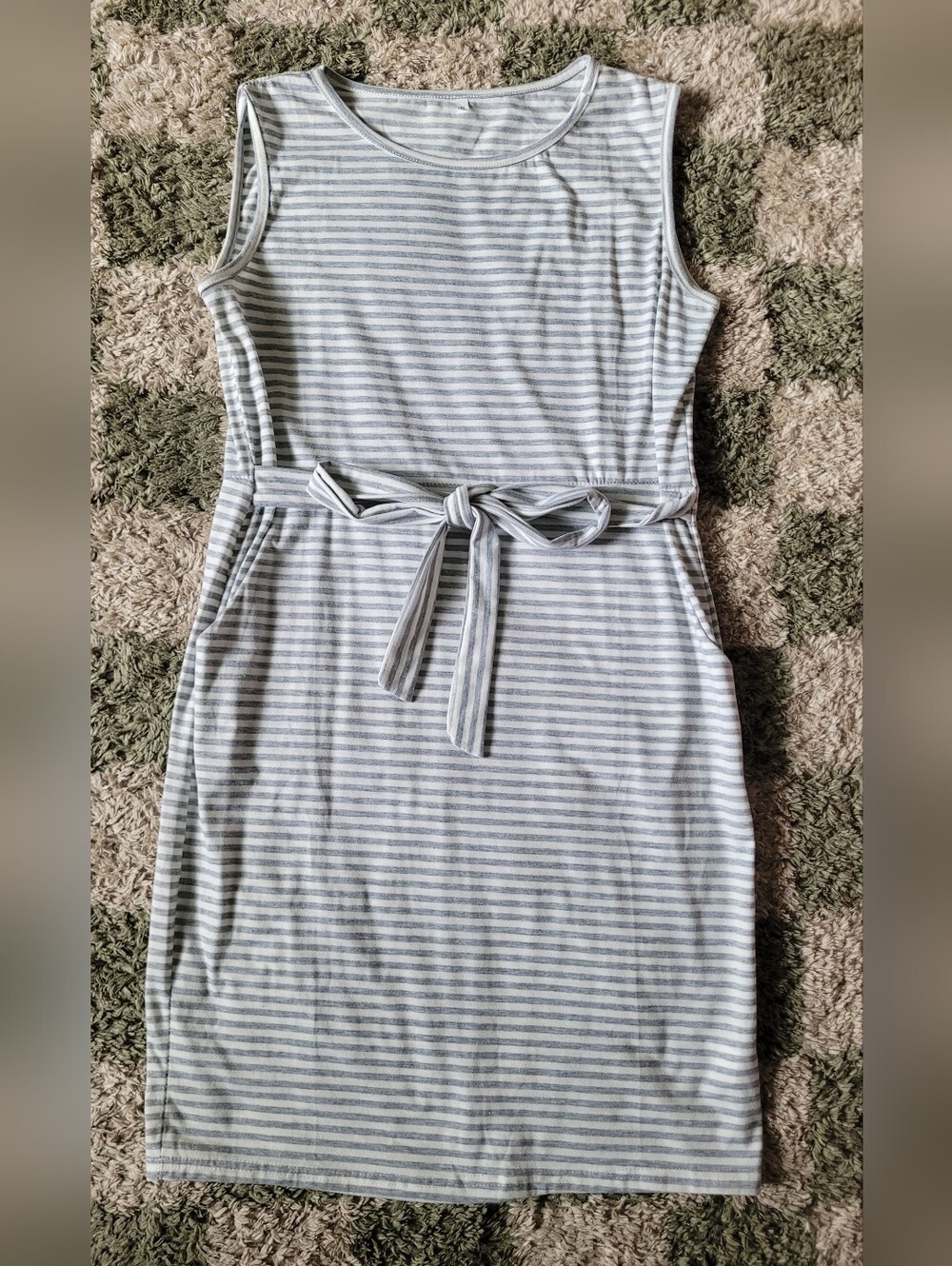 Striped Sleeveless Tie-Waist Midi Dress in Light Gray and White